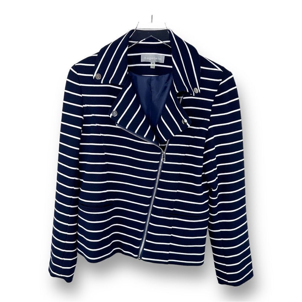 Bagatelle Navy & White Striped Moto Jacket Blazer w/Silver Hardware Sz M